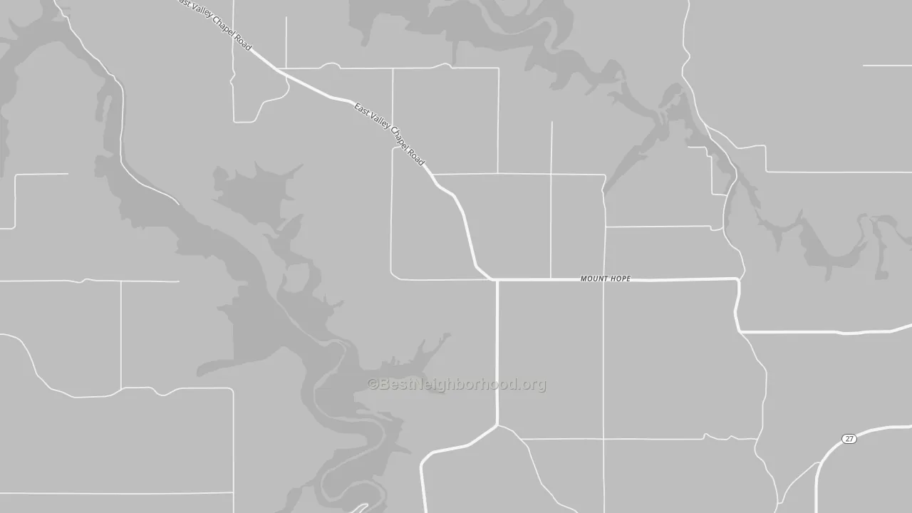 Walk Grade map of Mount Hope, WA, walkable areas in green and car-dependent areas in red