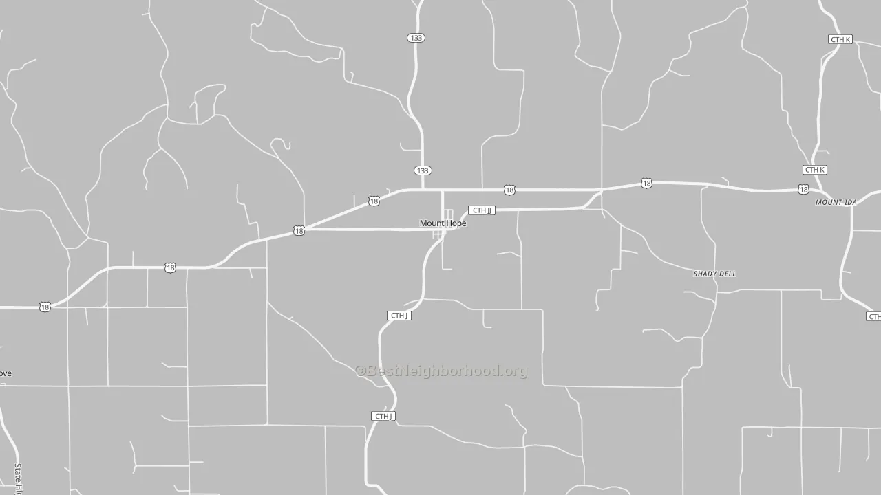 Walk Grade map of Mount Hope, WI, walkable areas in green and car-dependent areas in red