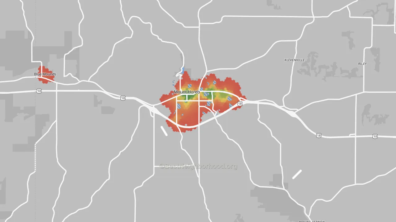 Walk Grade map of Mount Horeb, WI, walkable areas in green and car-dependent areas in red