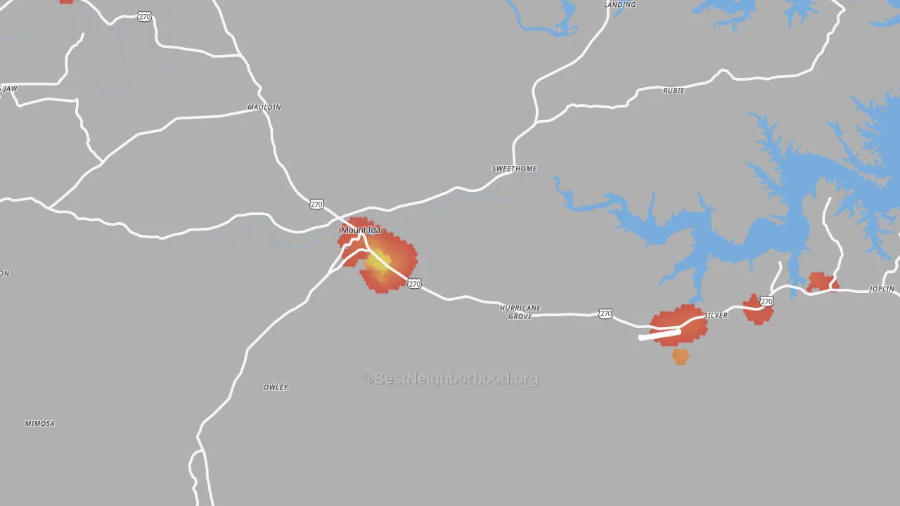 Walk Grade map of Mount Ida, AR, walkable areas in green and car-dependent areas in red