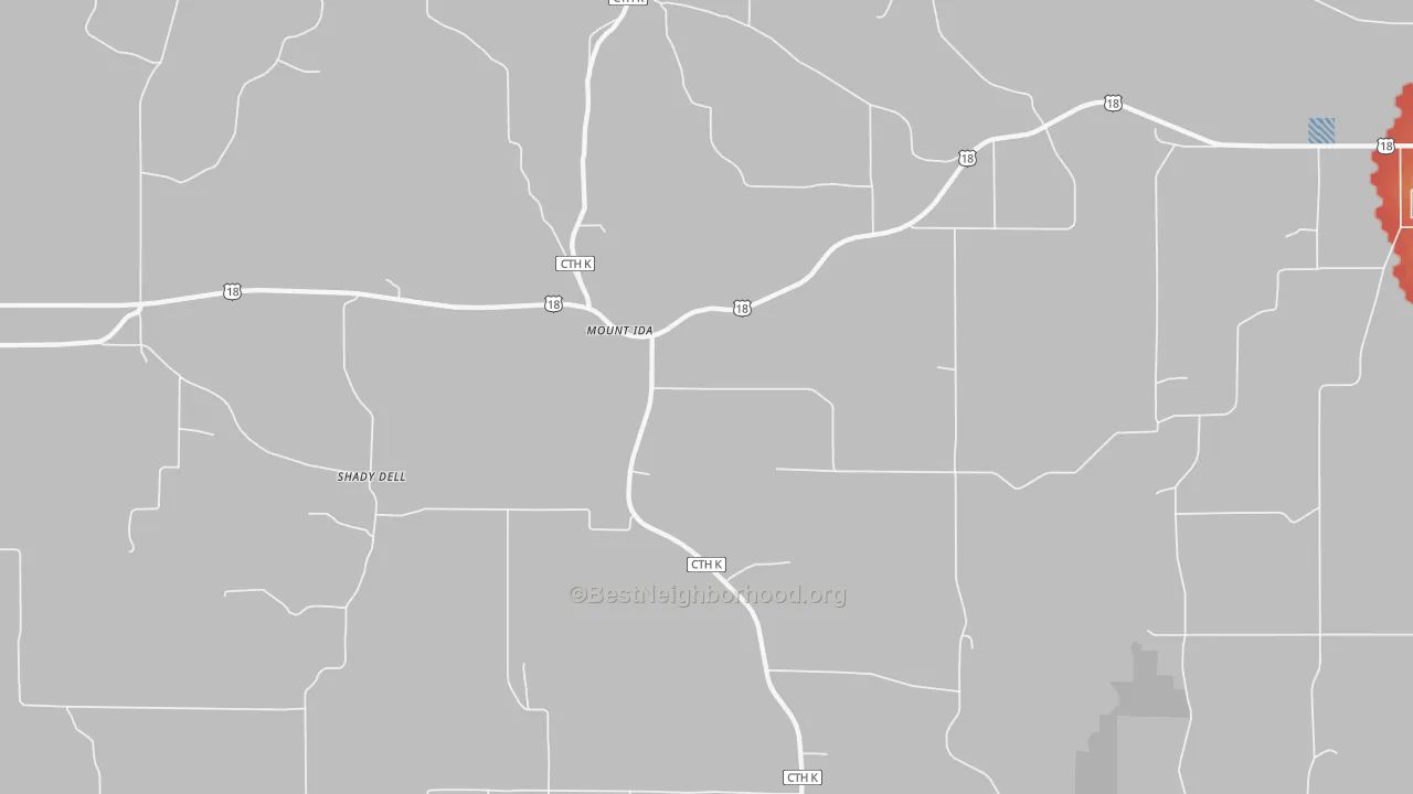 Walk Grade map of Mount Ida, WI, walkable areas in green and car-dependent areas in red
