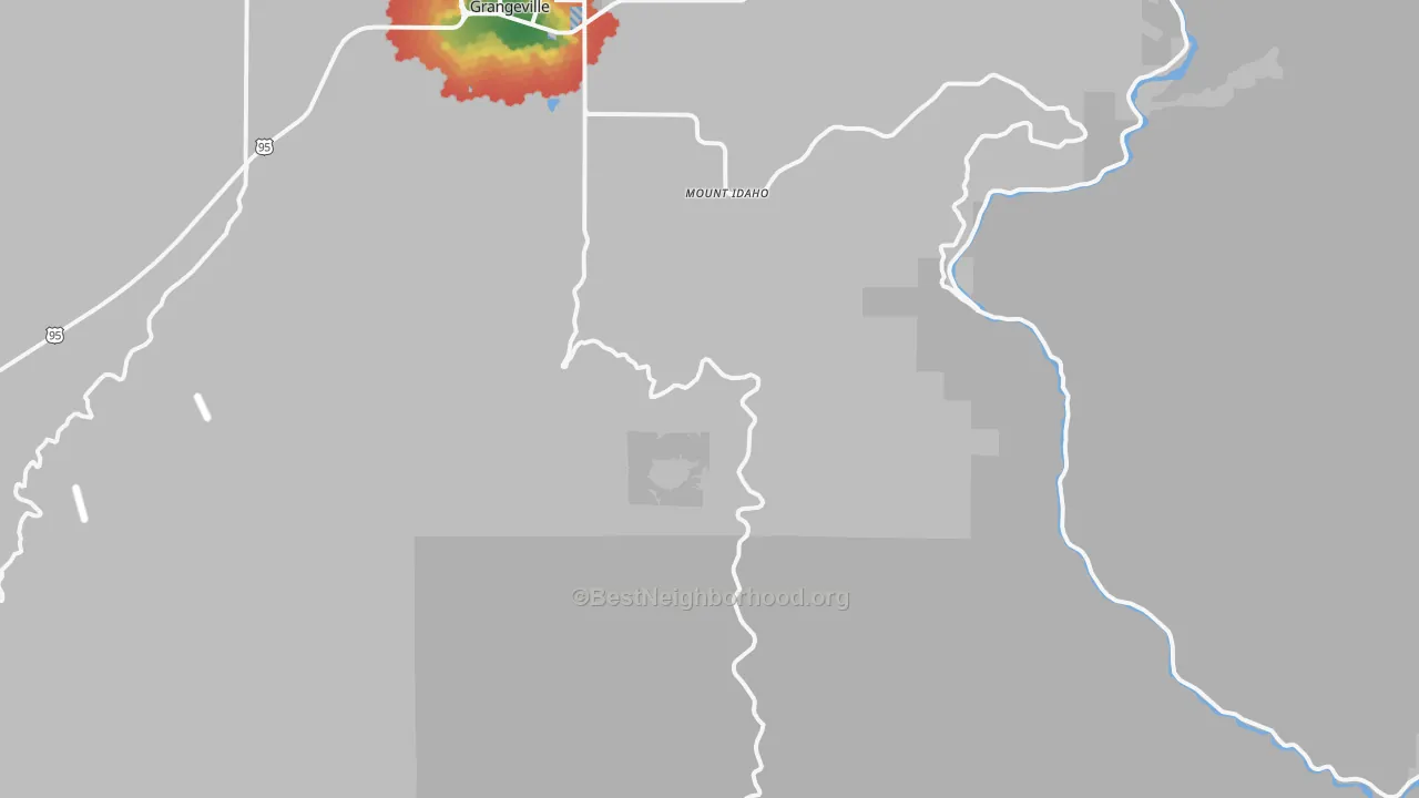 Walk Grade map of Mount Idaho, ID, walkable areas in green and car-dependent areas in red