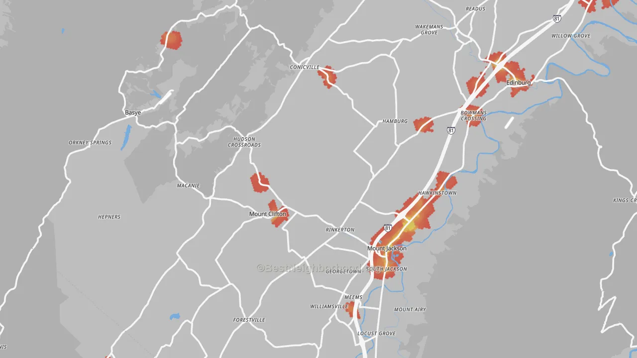 Walk Grade map of Mount Jackson, VA, walkable areas in green and car-dependent areas in red