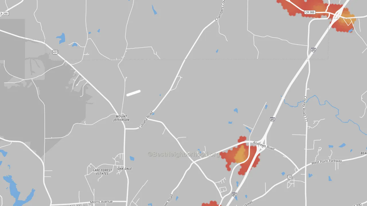 Walk Grade map of Mount Jefferson, AL, walkable areas in green and car-dependent areas in red
