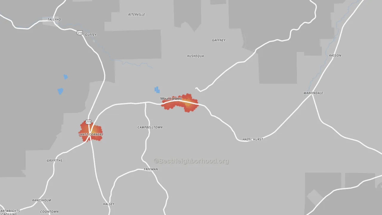 Walk Grade map of Mount Jewett, PA, walkable areas in green and car-dependent areas in red