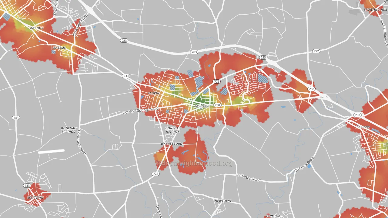 Walk Grade map of Mount Joy, PA, walkable areas in green and car-dependent areas in red