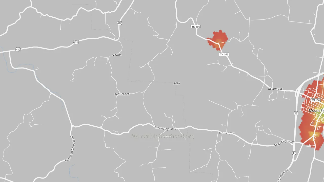 Walk Grade map of Mount Joy, TN, walkable areas in green and car-dependent areas in red