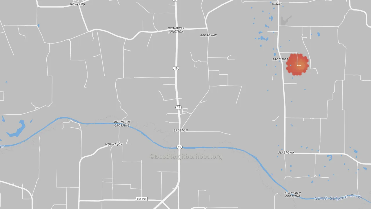 Walk Grade map of Mount Joy, TX, walkable areas in green and car-dependent areas in red