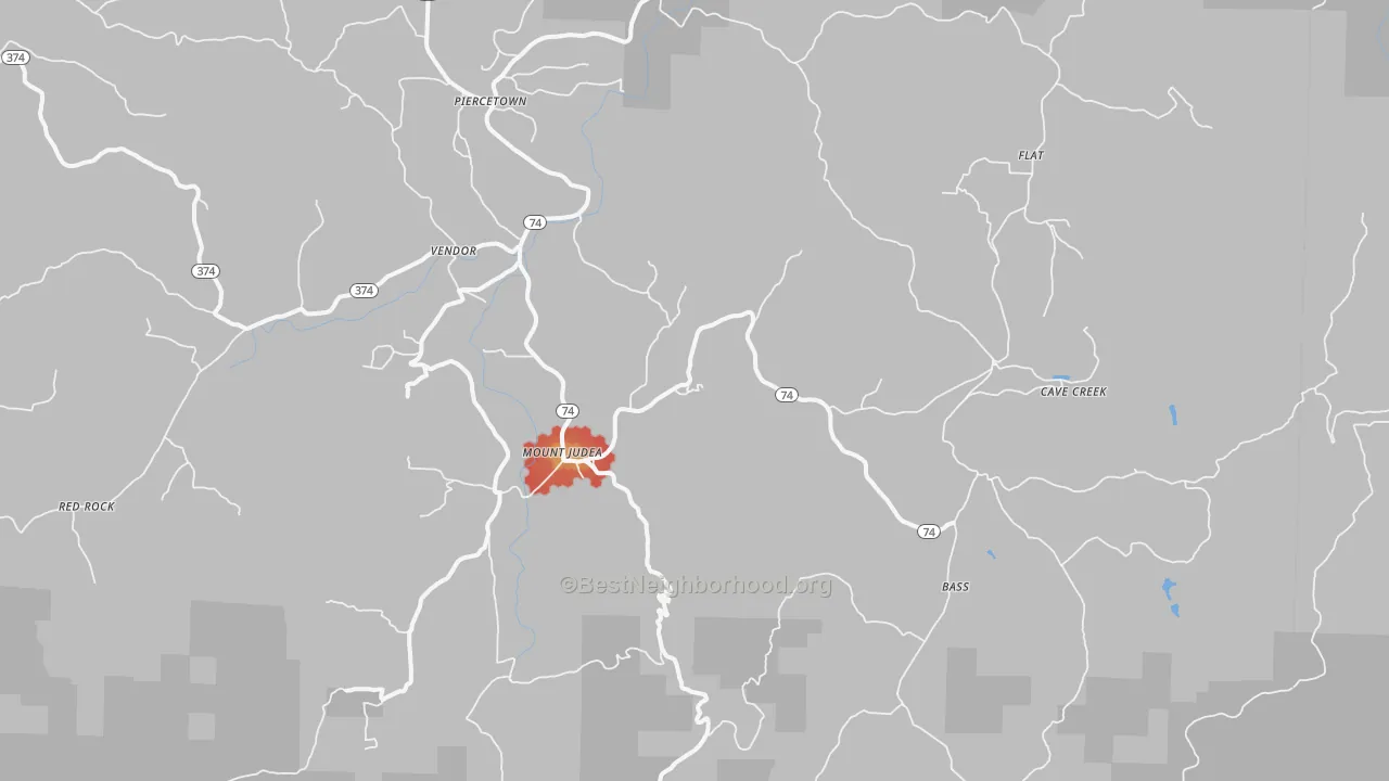 Walk Grade map of Mount Judea, AR, walkable areas in green and car-dependent areas in red