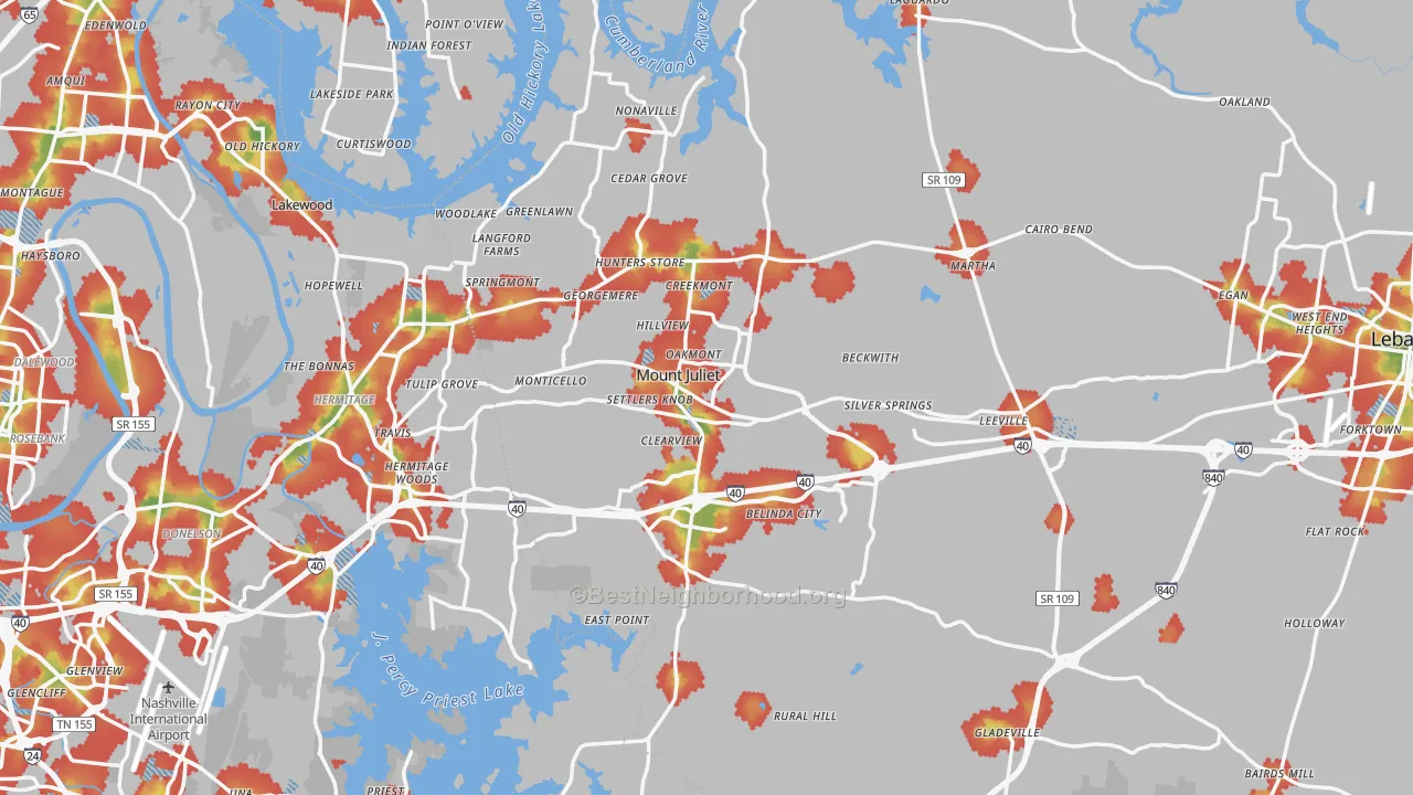 Walk Grade map of Mount Juliet, TN, walkable areas in green and car-dependent areas in red