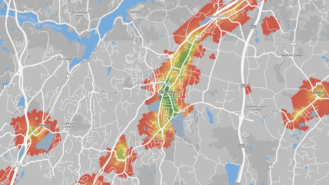 Walk Grade map of Mount Kisco, NY, walkable areas in green and car-dependent areas in red