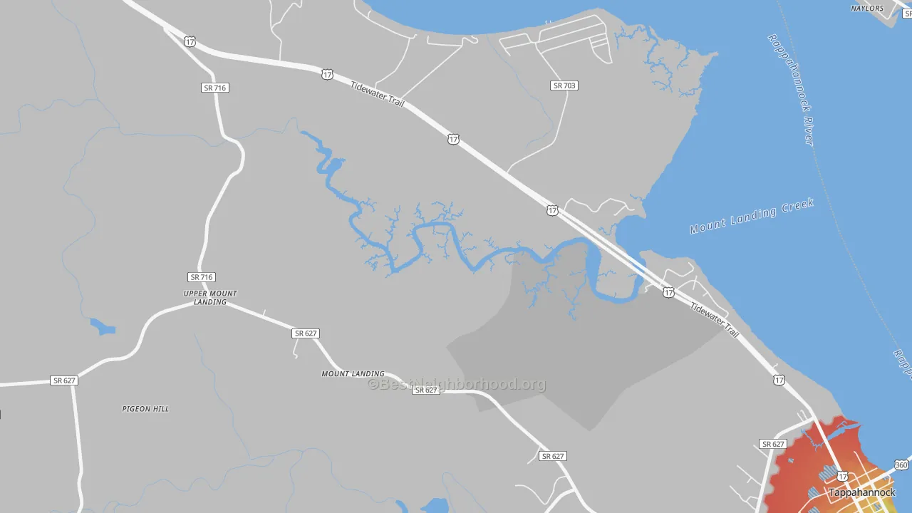 Walk Grade map of Mount Landing, VA, walkable areas in green and car-dependent areas in red