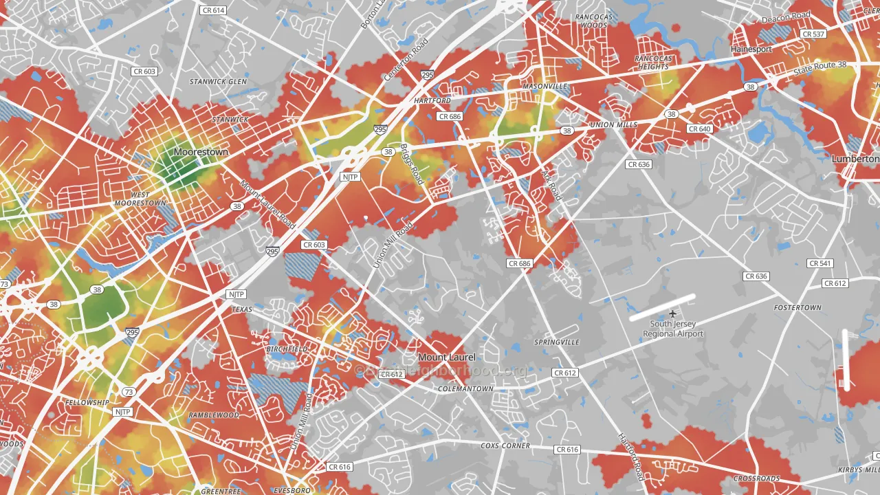 Walk Grade map of Mount Laurel, NJ, walkable areas in green and car-dependent areas in red