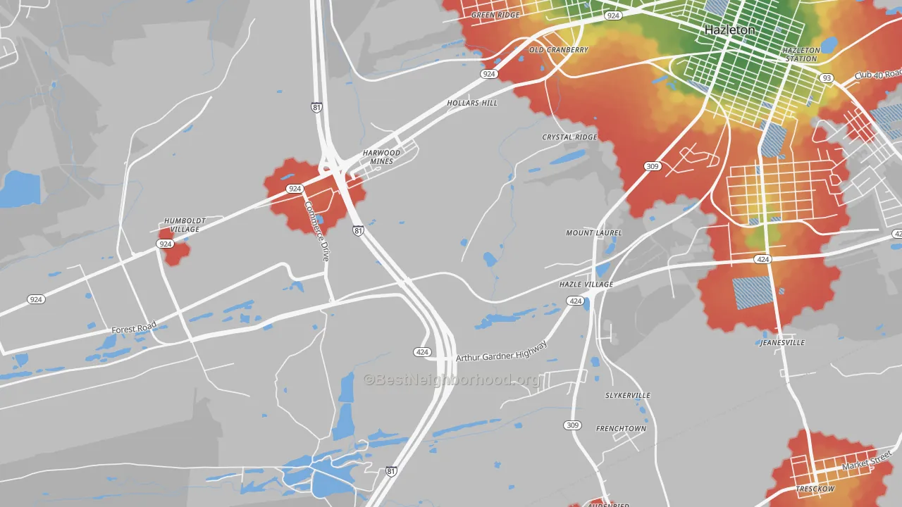 Walk Grade map of Mount Laurel, PA, walkable areas in green and car-dependent areas in red