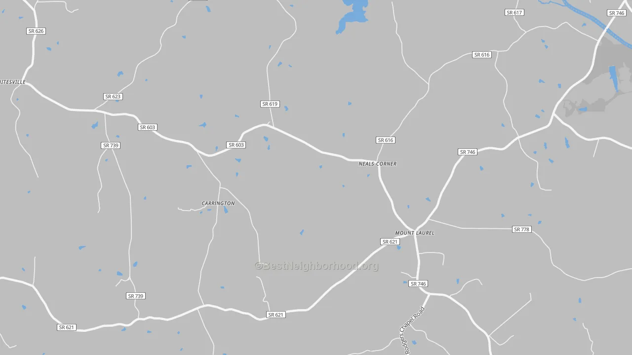 Walk Grade map of Mount Laurel, VA, walkable areas in green and car-dependent areas in red