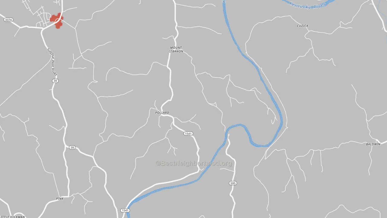 Walk Grade map of Mount Lebanon, KY, walkable areas in green and car-dependent areas in red