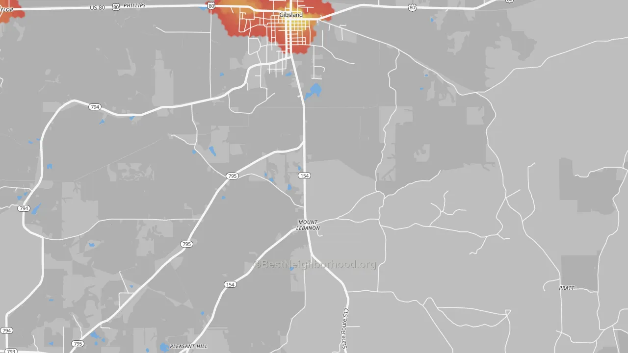 Walk Grade map of Mount Lebanon, LA, walkable areas in green and car-dependent areas in red