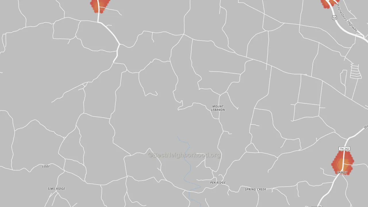 Walk Grade map of Mount Lebanon, TN, walkable areas in green and car-dependent areas in red