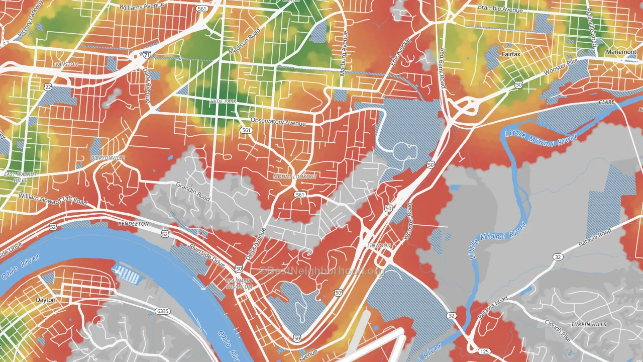 Walk Grade map of Mount Lookout, Cincinnati, OH, walkable areas in green and car-dependent areas in red