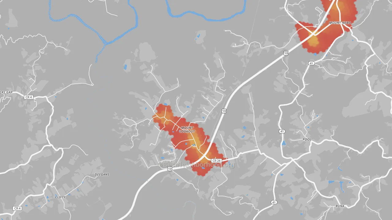 Walk Grade map of Mount Lookout, WV, walkable areas in green and car-dependent areas in red