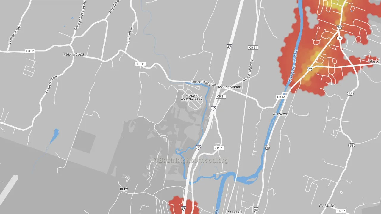 Walk Grade map of Mount Marion, NY, walkable areas in green and car-dependent areas in red
