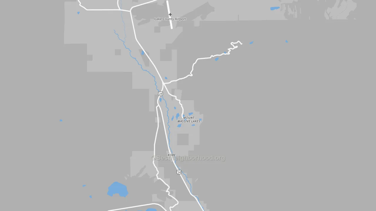Walk Grade map of Mount Massive Lakes, CO, walkable areas in green and car-dependent areas in red