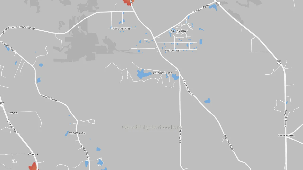 Walk Grade map of Mount Meigs, AL, walkable areas in green and car-dependent areas in red