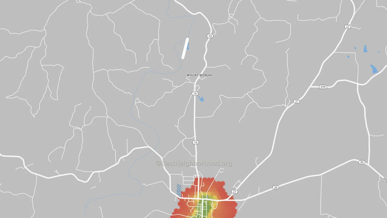 Walk Grade map of Mount Moriah, AR, walkable areas in green and car-dependent areas in red