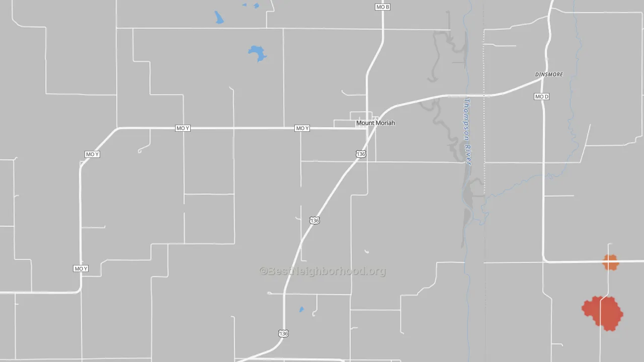 Walk Grade map of Mount Moriah, MO, walkable areas in green and car-dependent areas in red
