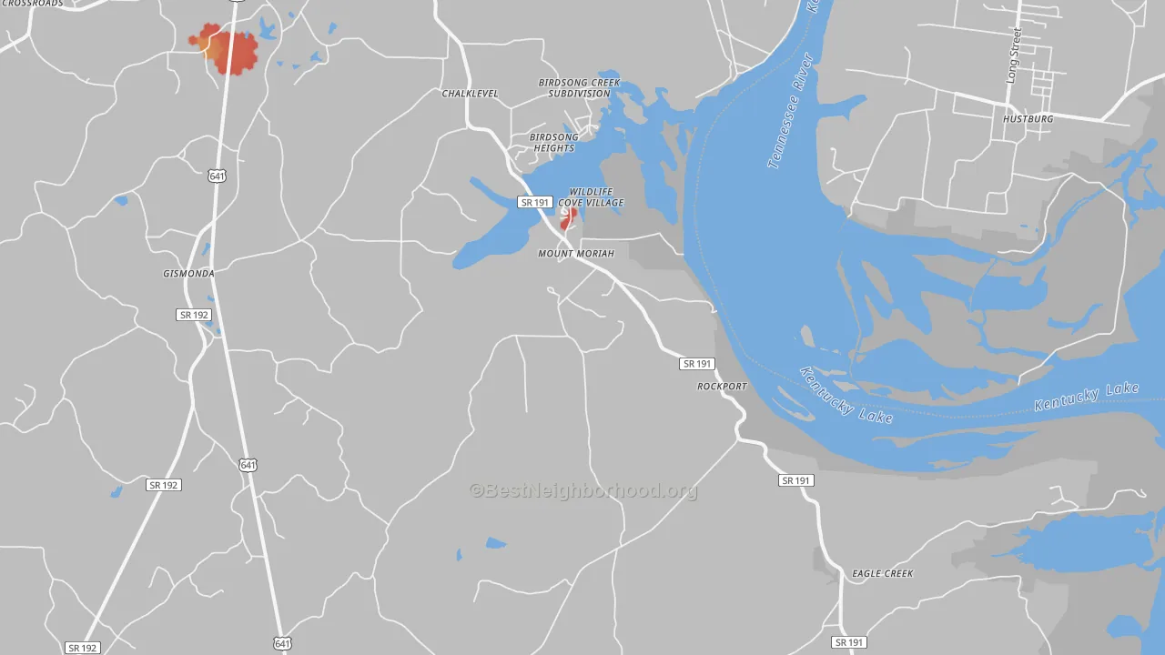 Walk Grade map of Mount Moriah, TN, walkable areas in green and car-dependent areas in red