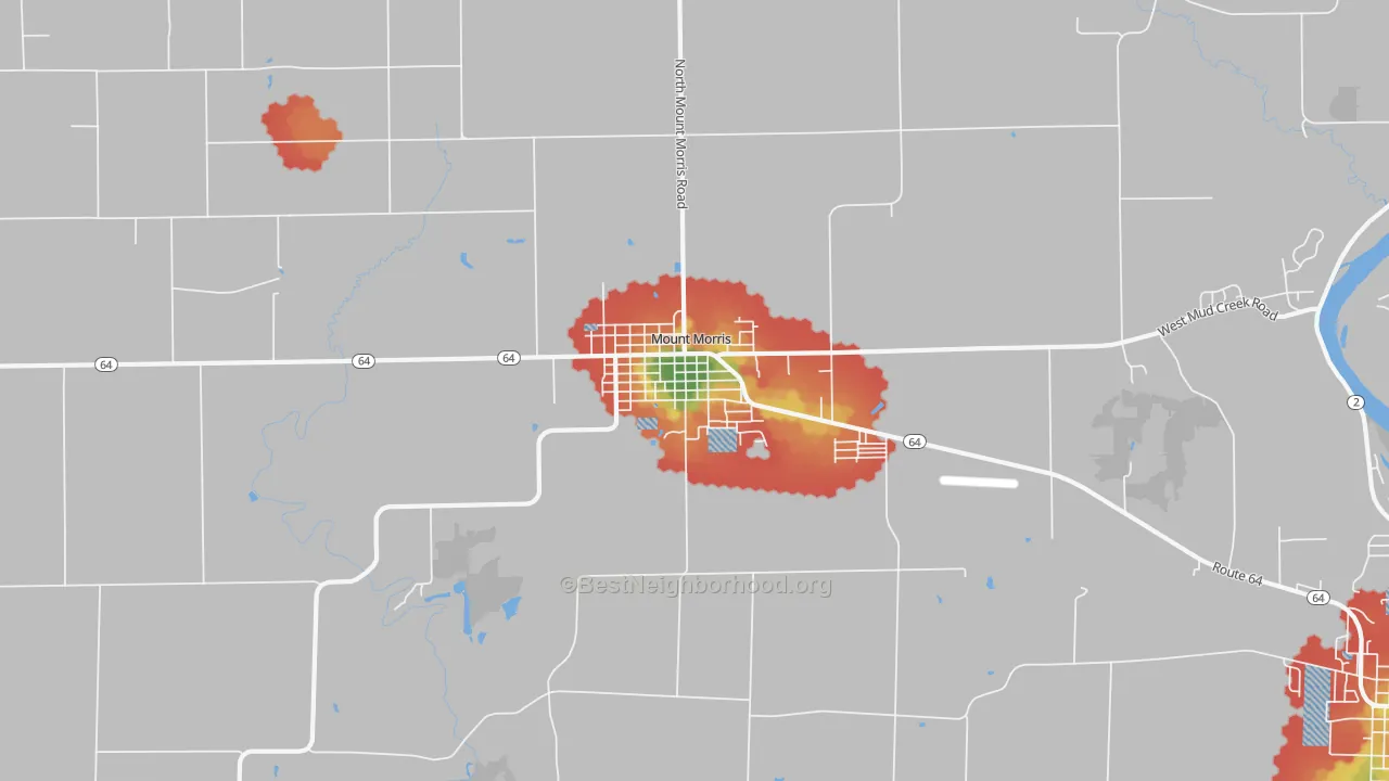 Walk Grade map of Mount Morris, IL, walkable areas in green and car-dependent areas in red