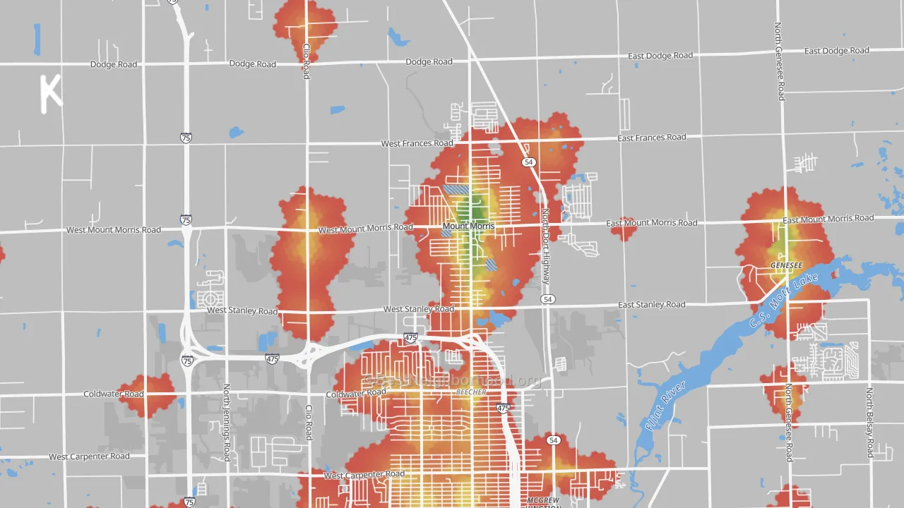 Walk Grade map of Mount Morris, MI, walkable areas in green and car-dependent areas in red