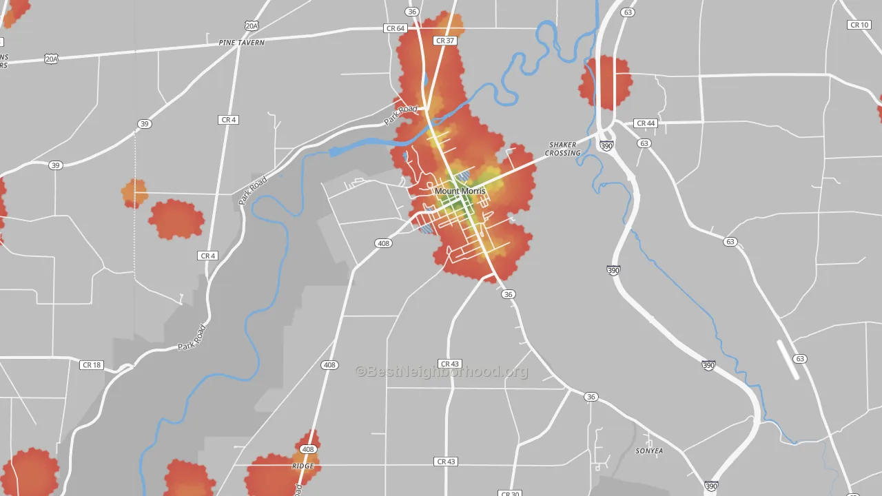Walk Grade map of Mount Morris, NY, walkable areas in green and car-dependent areas in red