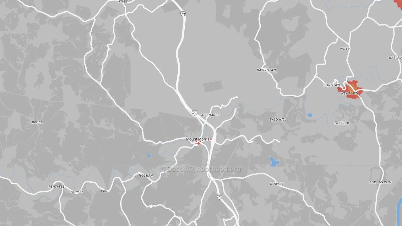 Walk Grade map of Mount Morris, PA, walkable areas in green and car-dependent areas in red