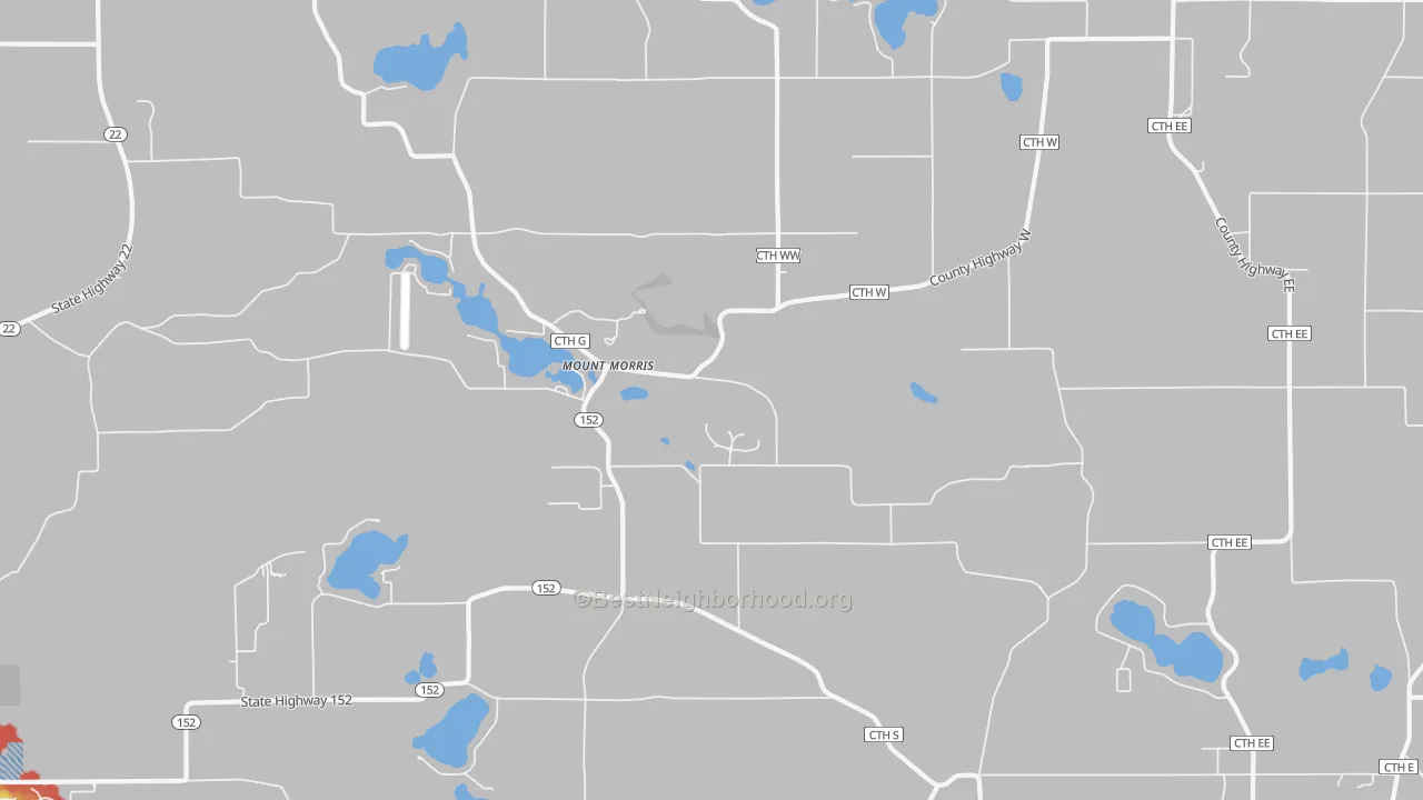 Walk Grade map of Mount Morris, WI, walkable areas in green and car-dependent areas in red