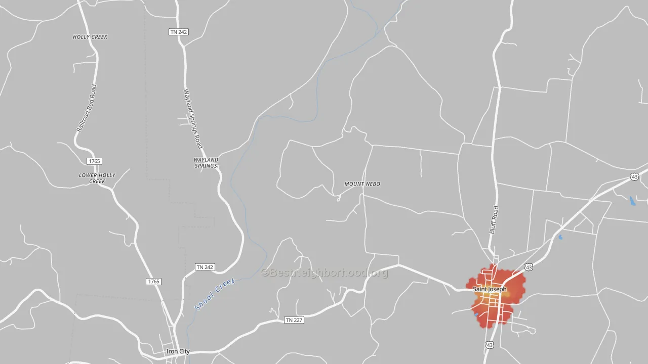 Walk Grade map of Mount Nebo, TN, walkable areas in green and car-dependent areas in red