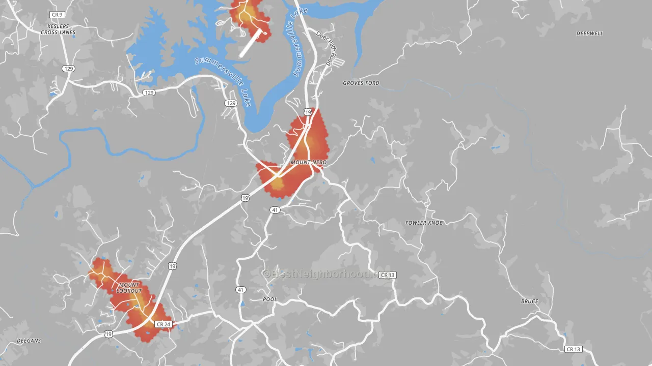 Walk Grade map of Mount Nebo, WV, walkable areas in green and car-dependent areas in red