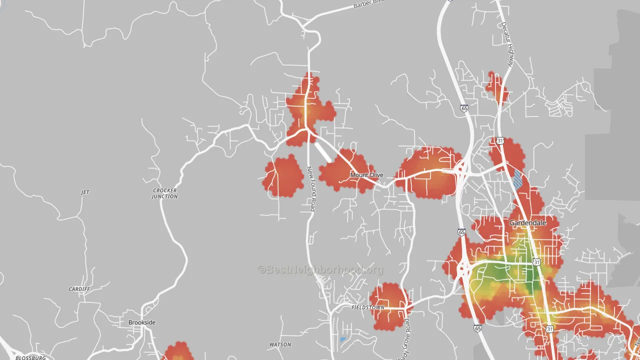Walk Grade map of Mount Olive, AL, walkable areas in green and car-dependent areas in red