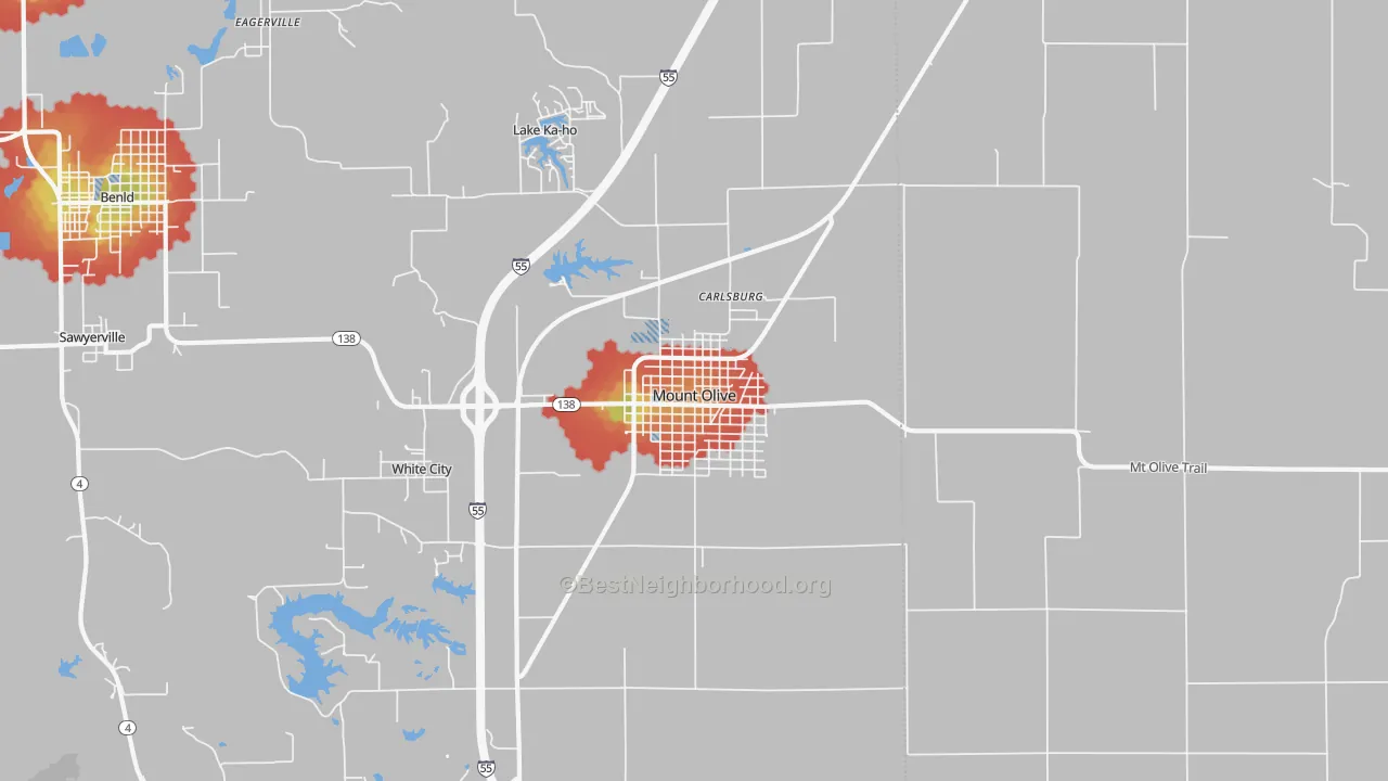 Walk Grade map of Mount Olive, IL, walkable areas in green and car-dependent areas in red