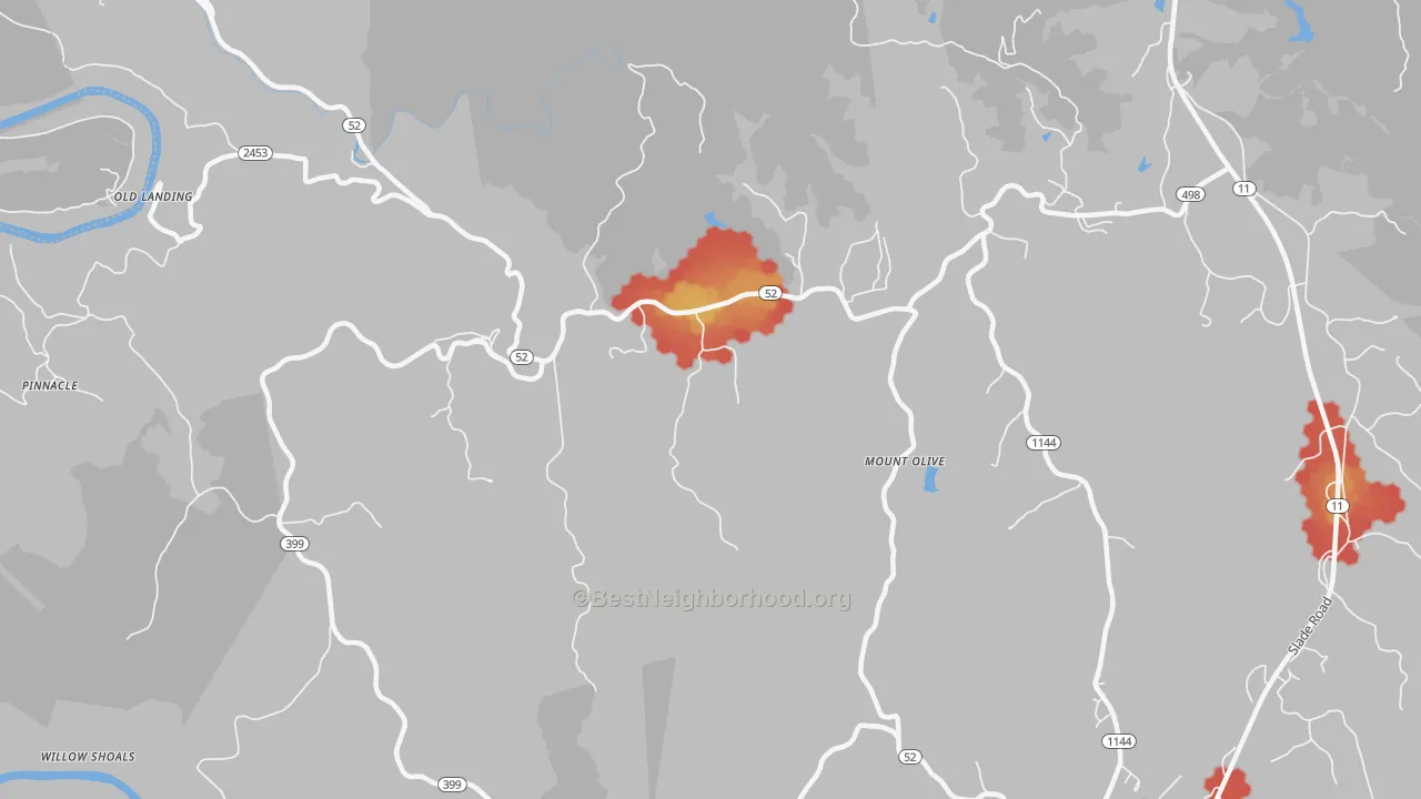 Walk Grade map of Mount Olive, KY, walkable areas in green and car-dependent areas in red
