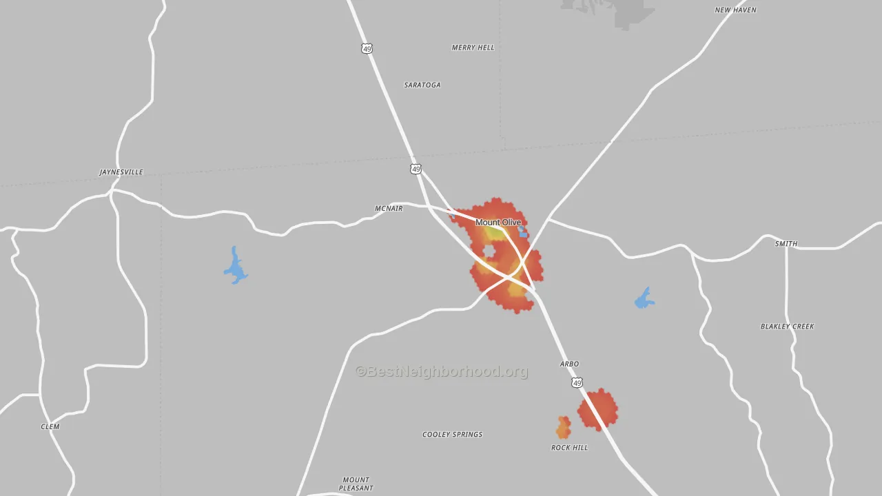 Walk Grade map of Mount Olive, MS, walkable areas in green and car-dependent areas in red