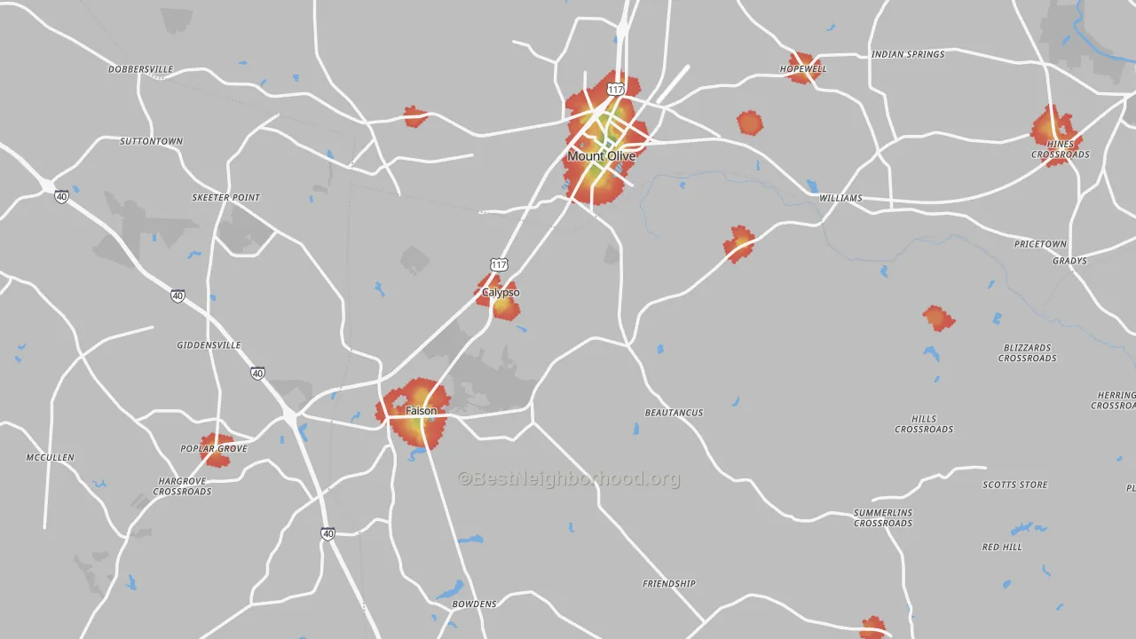 Walk Grade map of Mount Olive, NC, walkable areas in green and car-dependent areas in red