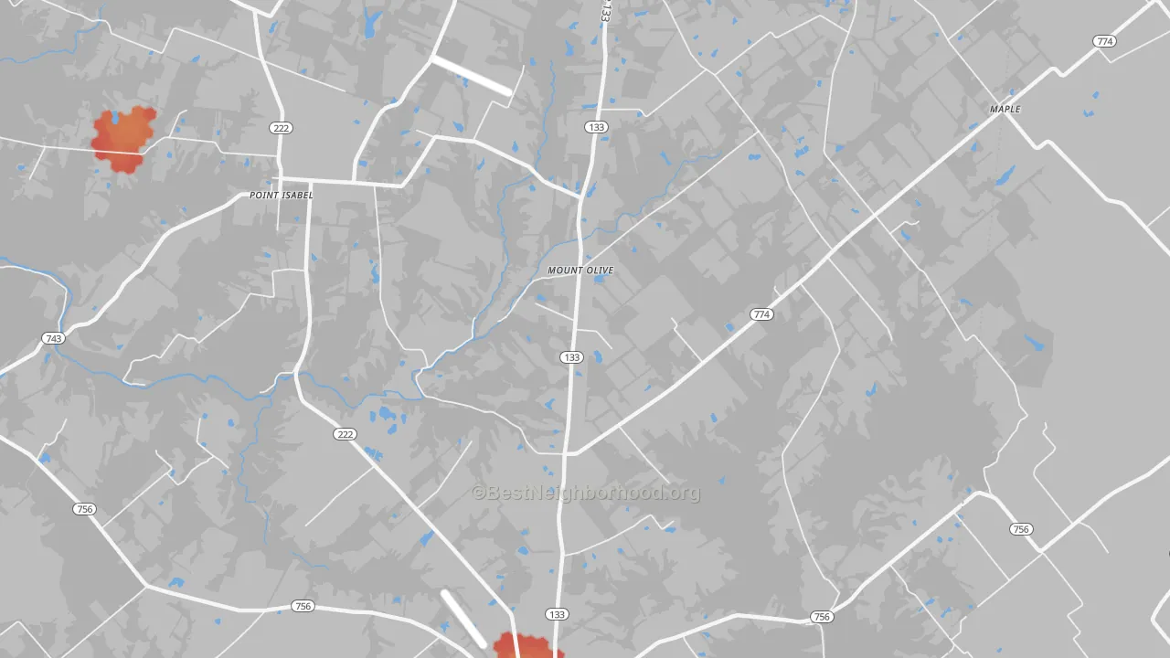 Walk Grade map of Mount Olive, OH, walkable areas in green and car-dependent areas in red