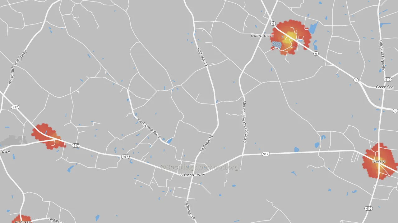 Walk Grade map of Mount Olive, SC, walkable areas in green and car-dependent areas in red