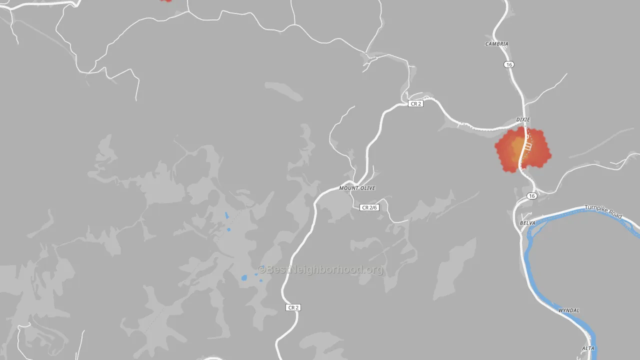 Walk Grade map of Mount Olive, WV, walkable areas in green and car-dependent areas in red