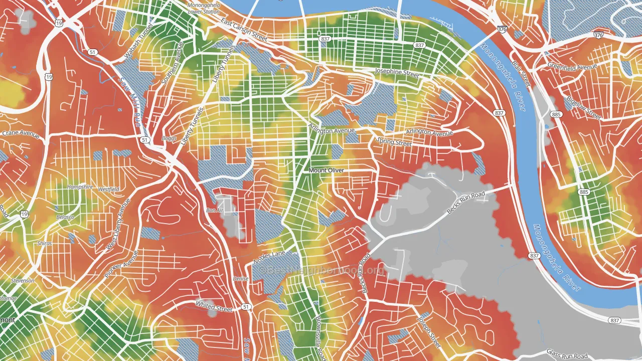 Walk Grade map of Mount Oliver, PA, walkable areas in green and car-dependent areas in red