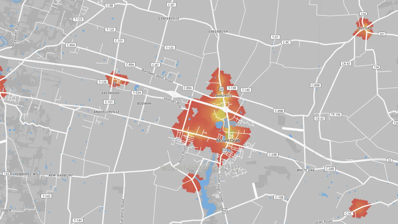 Walk Grade map of Mount Orab, OH, walkable areas in green and car-dependent areas in red