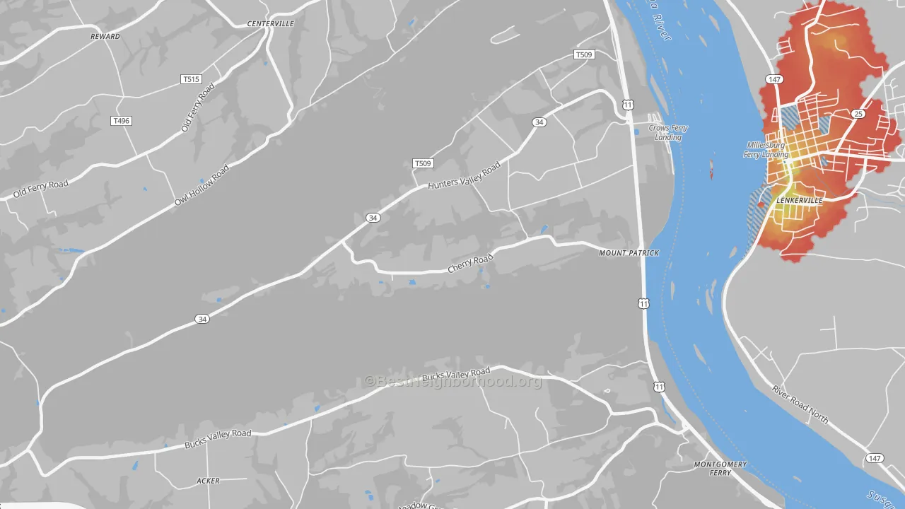 Walk Grade map of Mount Patrick, PA, walkable areas in green and car-dependent areas in red