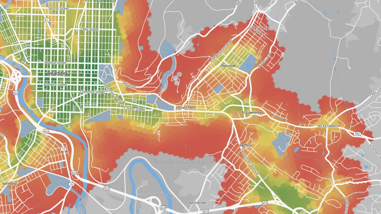 Walk Grade map of Mount Penn, PA, walkable areas in green and car-dependent areas in red