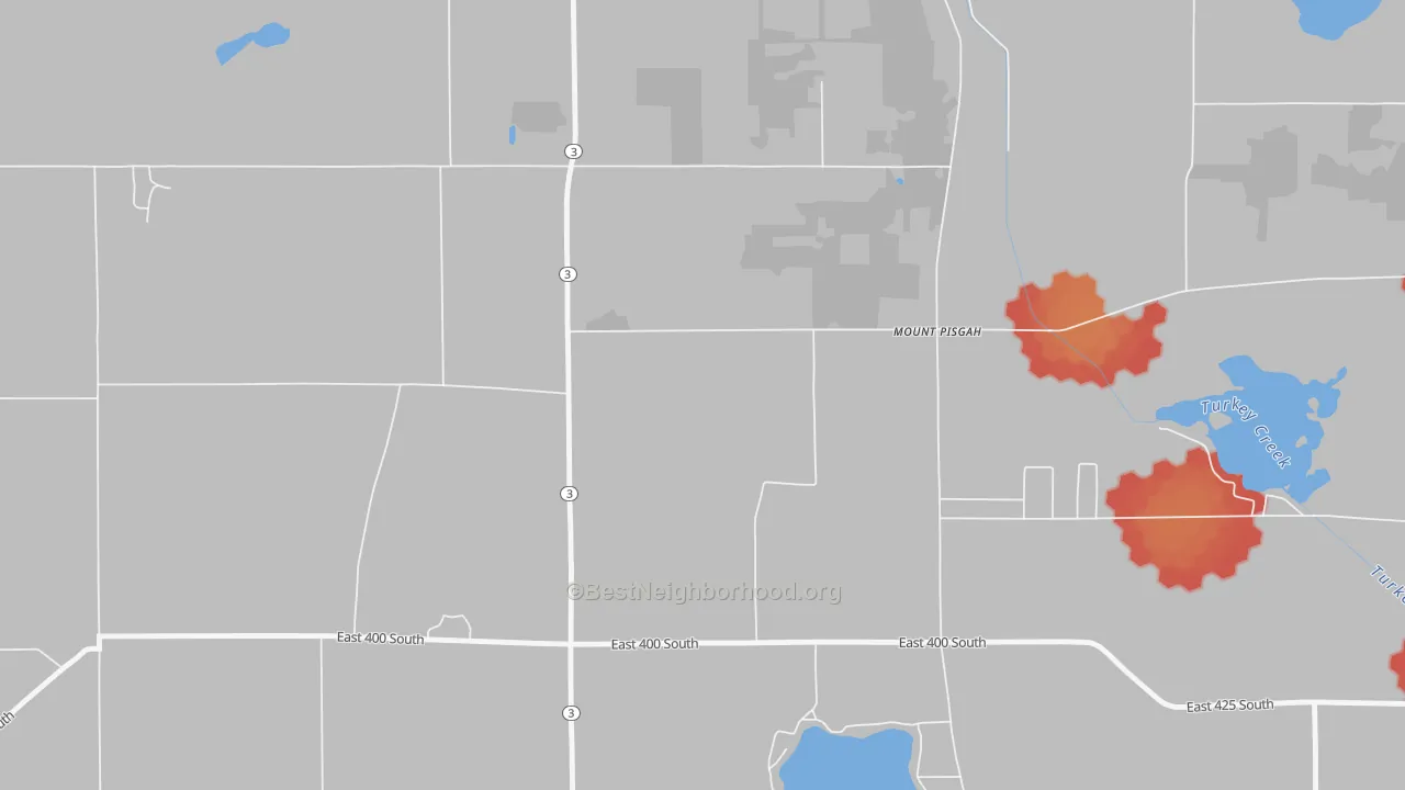 Walk Grade map of Mount Pisgah, IN, walkable areas in green and car-dependent areas in red